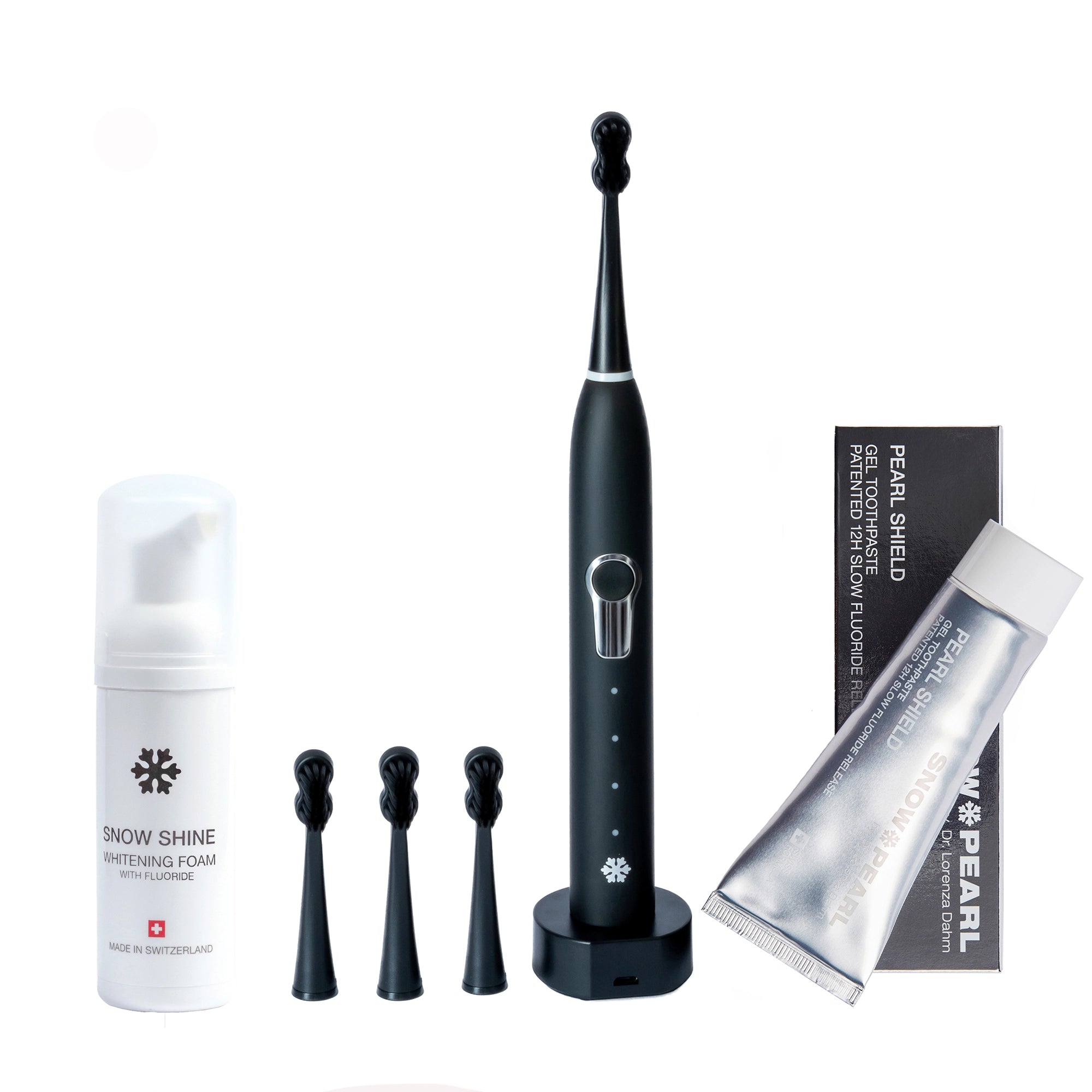 Snow Pearl Starter Set mit elektrischer Schallzahnbürste, Zahnpasta gegen Karies und Whitening Foam für komplette Mundpflege.