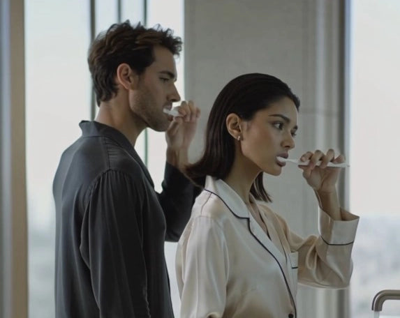 Mundpflege Routine mit elektrischer Schallzahnbürste, Zahnpasta, Zahnseide, Interdentalbürsten und Whitening Foam für optimale Zahnpflege