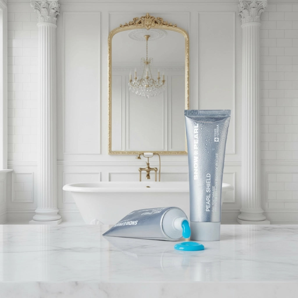 Gelartige Textur der Pearl Shield Plus Gel Zahnpasta auf Zahnbürste